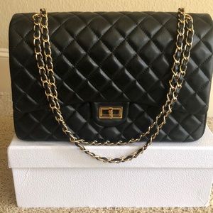 Black Quilted Leather Flap Handbag